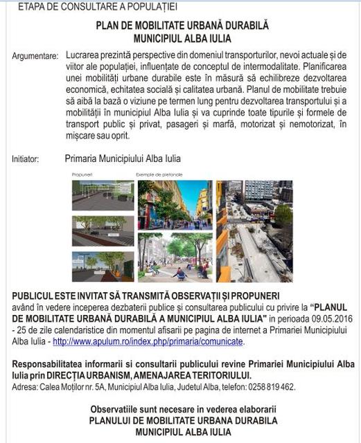 Dezbatere publică - Planul de Mobilitate Urbană Durabilă (PMUD) municipiul Alba Iulia